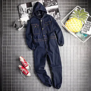 

Male Hooded Jacket and Pants Long Sleeve Denim Overalls Mens Cargo Jeans Jump Suits Men Retro One Piece Denim Jumpsuit