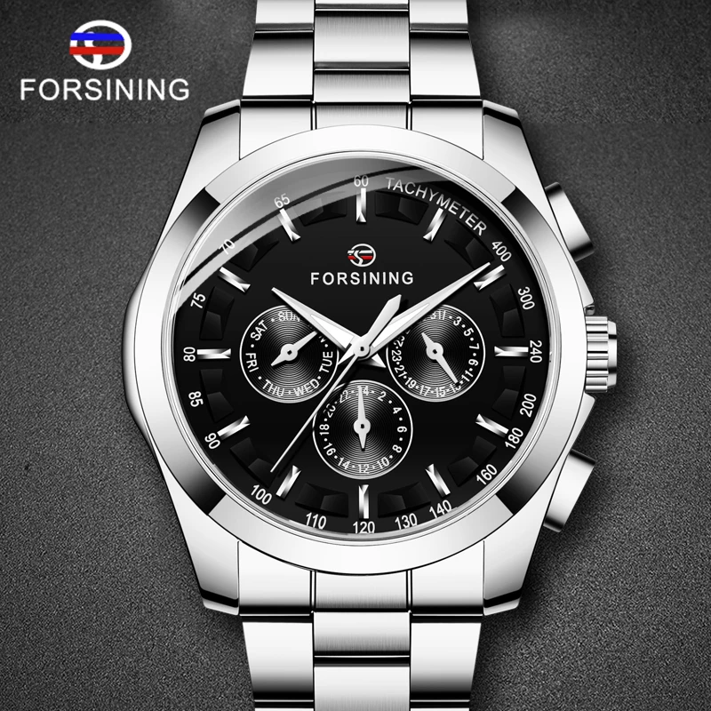 Forsining Black Men's Mechanical Watch Calendar Automatic Self-Wind Clock Business Sport Stainless Steel Belts Wristwatch | Наручные