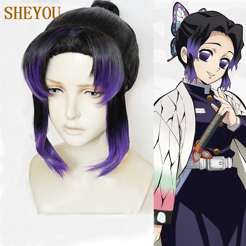 Аниме Demon Slayer: Kimetsu no Yaiba Kochou Shinobu короткие черные фиолетовые термостойкие волосы