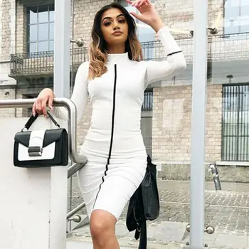 

Fashion High Street Line Print Women Dress Long Sleeve Solid Color Bodycon Slim Dress High Neck Club Pencil Midi Dresses