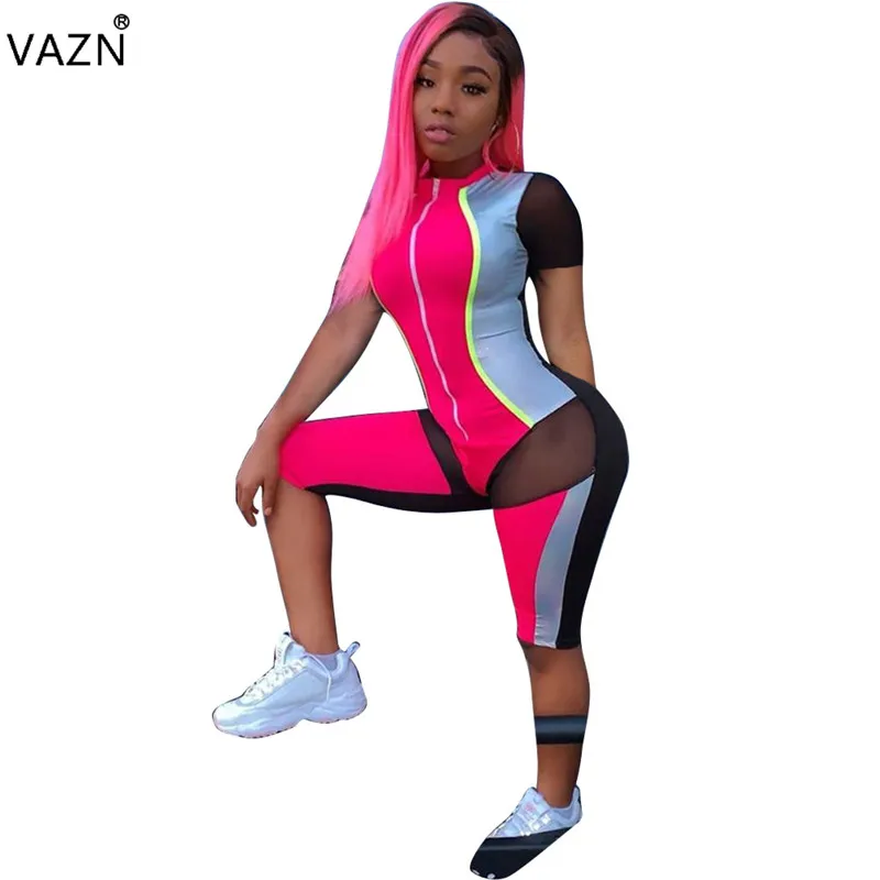 VAZN Summer Hot Casual Fashion Women Zipper Short Sleeve Playsuits Casual Elasticity Tracksuits Regular Playsuits HMS5229