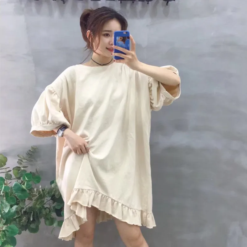 

[EWQ] 2019 Autumn Round Collar New Pattern Solid Patchwork Ruffles Casual Loose Korea T-shirt Women's Clothing Femals AH169