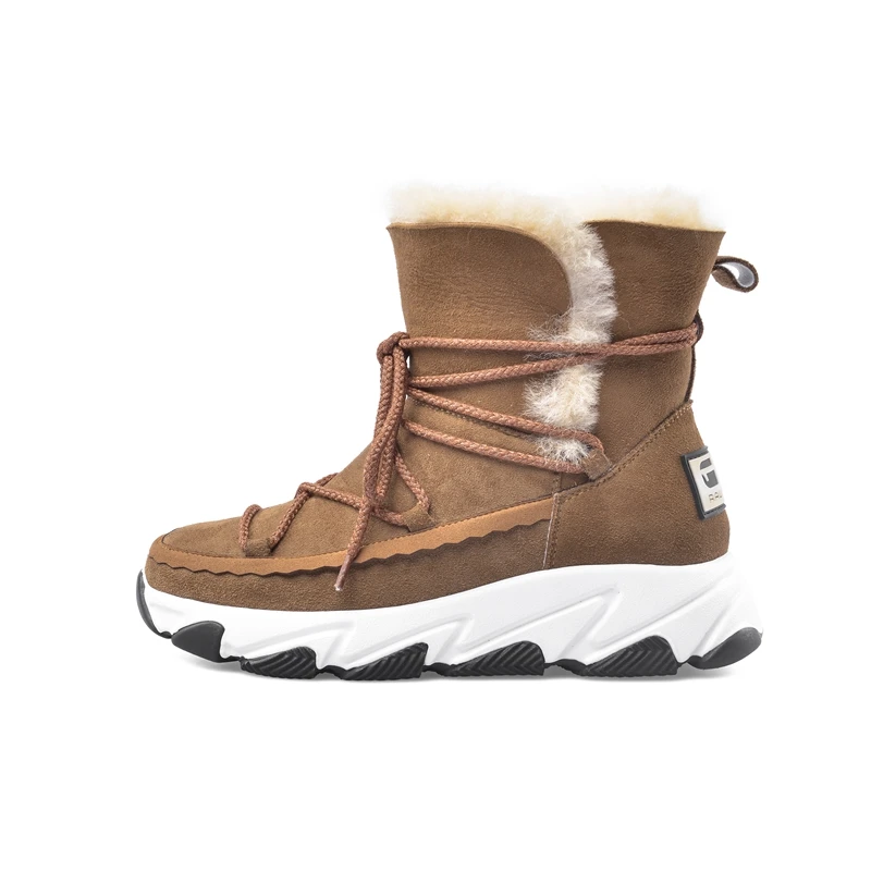 Теплые женские зимние ботильоны из овчины повседневные зимние ботинки на платформе с плюшевой подкладкой Классическая обувь на меху с перекрестной шнуровкой Женская обувь на высоком каблуке - Цвет: Brown