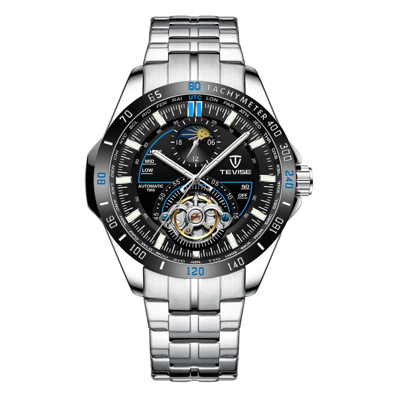 silver black blue Tevise, роскошный Tourbillion механические часы из нержавеющей стали каркасные часы с автоматическим подзаводом мужские модные спортивные наручные часы Montre Homme - Цвет: silver black blue