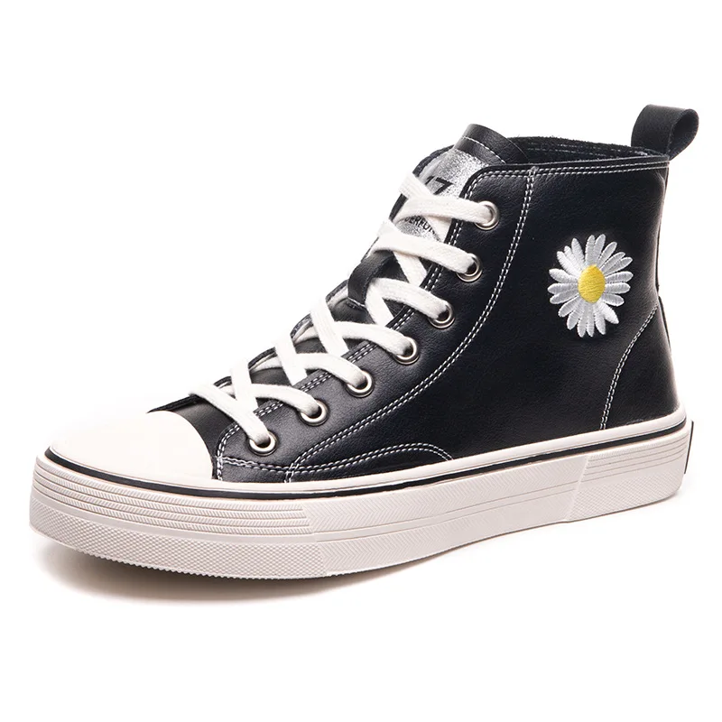 

2020 Spring Leather White Female High-Top Embroidered Flat Casual shoes woman boots women zapatos de mujer ankle boots for women
