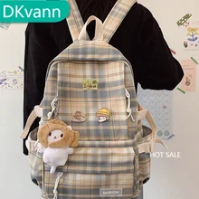 Backpack Women's Bag Checkered Backpack New Korean Version Large Capacity Student School Bag Striped Fashion Ladies Travel Bag