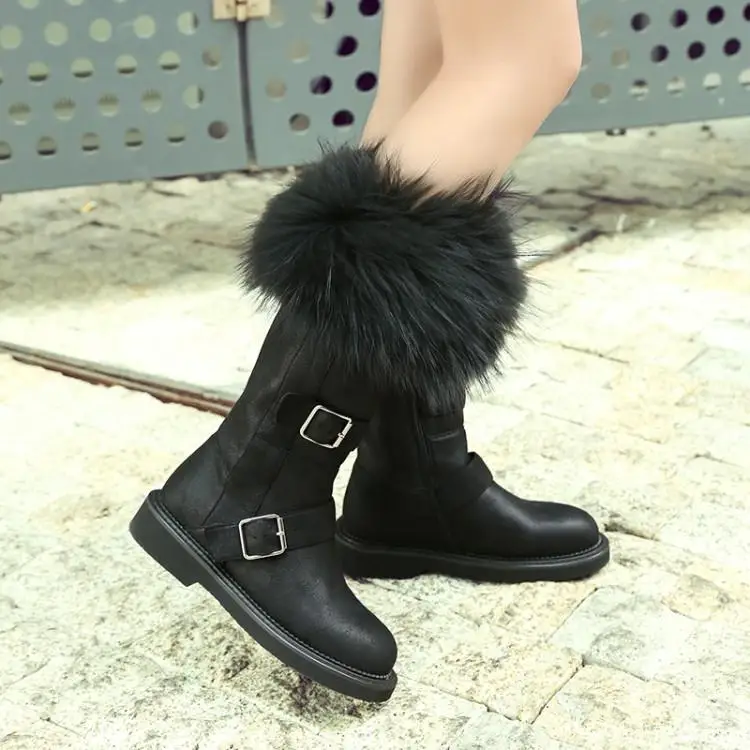 Шикарные зимние сапоги; женские сапоги из лисьего меха; Botas Mujer; кожаные сапоги до середины икры; женская модная теплая обувь; chaussures femme; Botines Mujer;