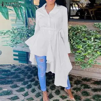 

ZANZEA Spring Fashion Women Asymmetrical Blouse Lapel Neck Long Shirt Vestido Elegant Long Sleeve High Low Blusas OL Work Tops