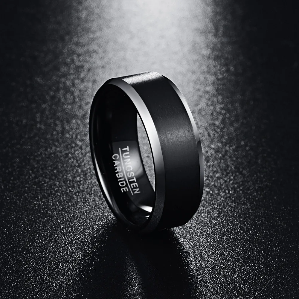 Nuncad Men's 8mm Black Brushed Tungsten Wedding Band Rings Matte Finish Polished Beveled Edge Comfort Fit