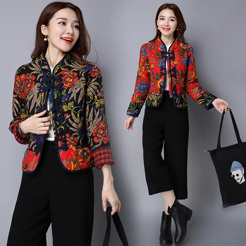 

2019 Winter New Style Ethnic-Style Cotton Linen Retro Cotton Coat Short Joint Printed Cotton-padded Clothes Versatile Loose-Fit