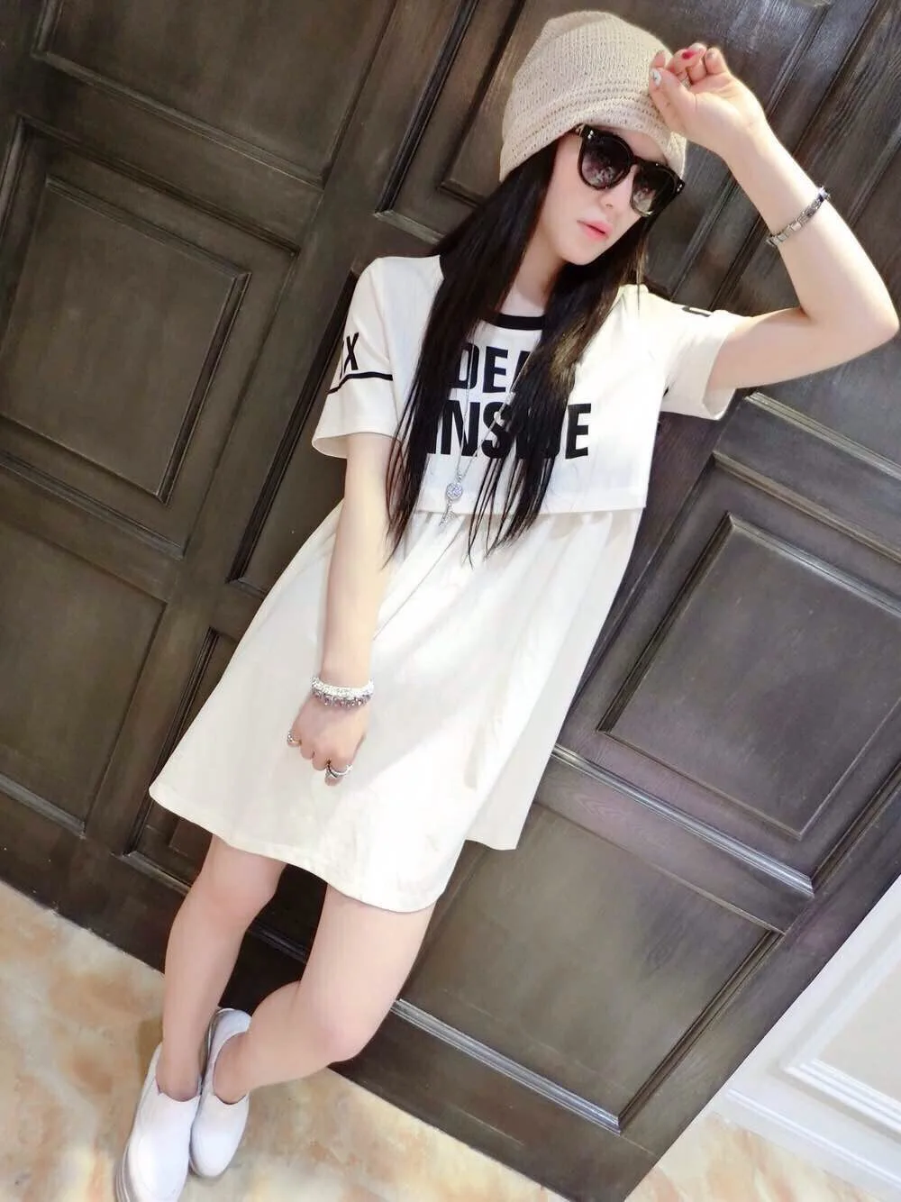 

2018 Summer New Style Large Size Loose-Fit Mid-length Dress Plus-sized Womenswear Size Mock Two-Piece College Style Sweet Tops F