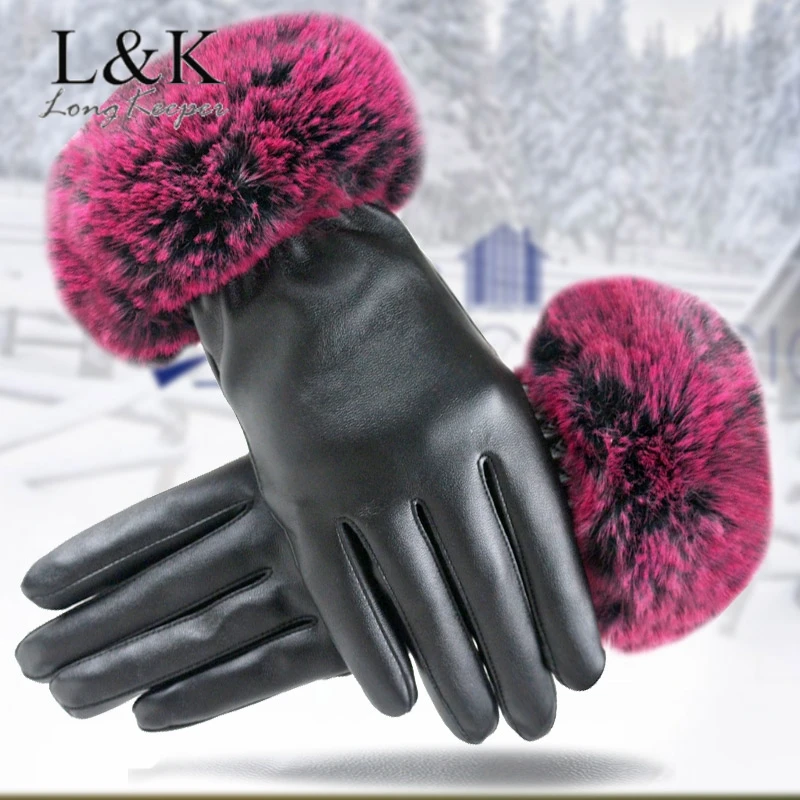 

LongKeeper Touch Screen Gloves PU Leather Women Gloves Waterproof Faux Fur Thicken Warm Spring Winter Mittens Christmas Gifts