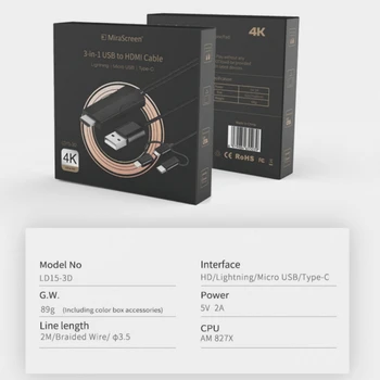 

For IOS Android screen converter adapter cable 3-in-1 Wired Screen Converter 4K High Definition Plug-and-play Adapter Connector