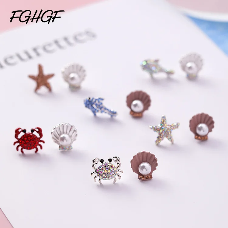 

FGHGF Cute Crab Shell S925 Stud Earrings Ocean Starfish Dolphin pearl Mini Earring Women Korean Style Fashion Accessories jewels