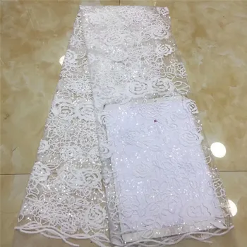 

Latest white African Lace Fabric High Quality French Net Embroidery Blue Sequins Tulle Lace Fabric For Nigerian Party Dress