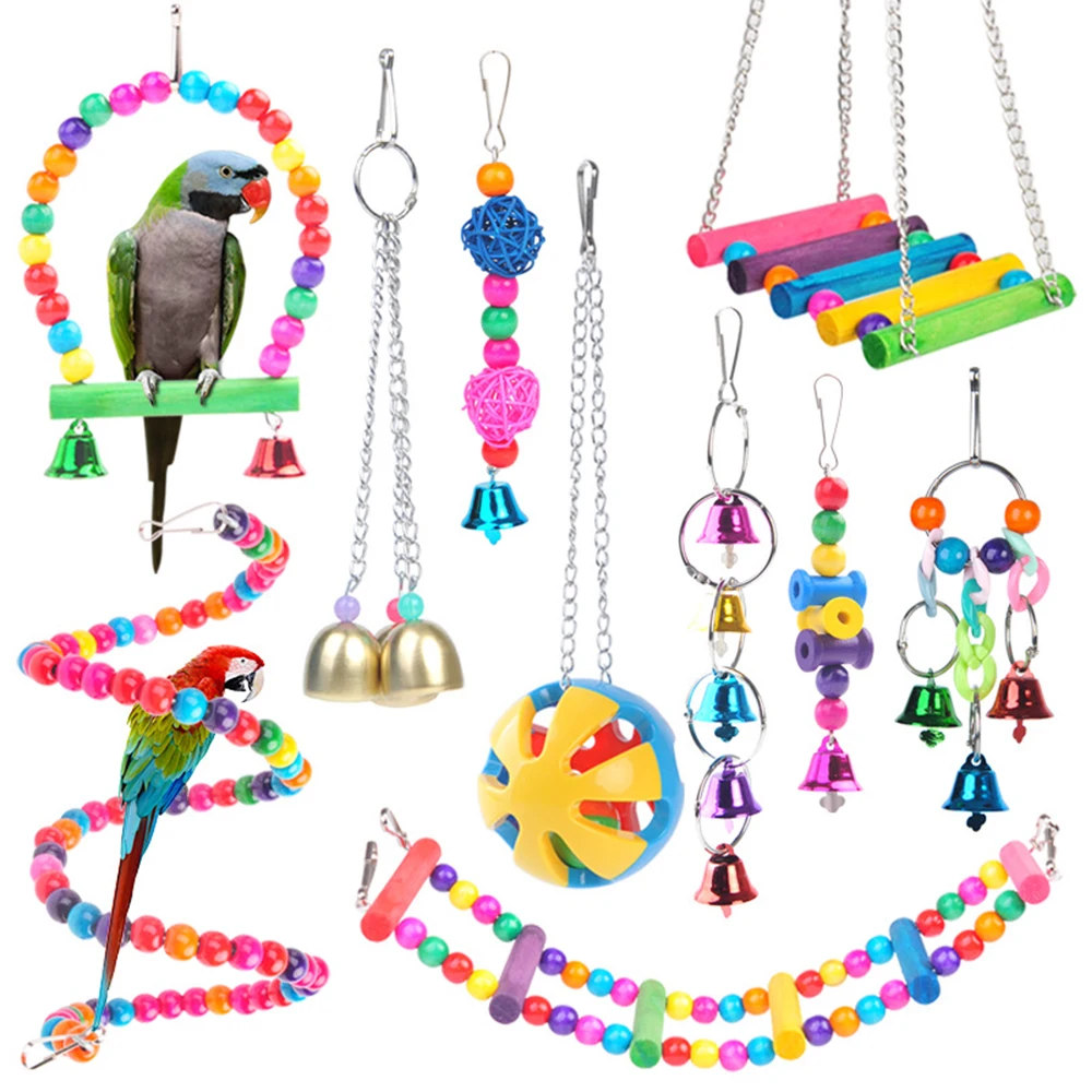 Parrot Hanging Cage Bird Toys for Parrots Reliable &amp Chewable-Swing Chewing Bite Bridge Wooden Beads Ball Bell To | Дом и сад