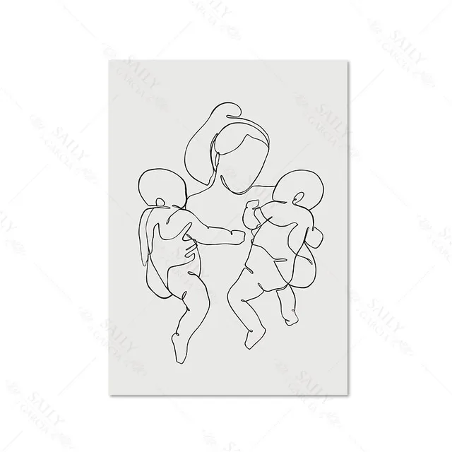 Family Portrait Mom Two Baby Twins Art Line Drawing Poster Prints Nursery Decorative Picture Abstract Minimalist Canvas Painting no frame3