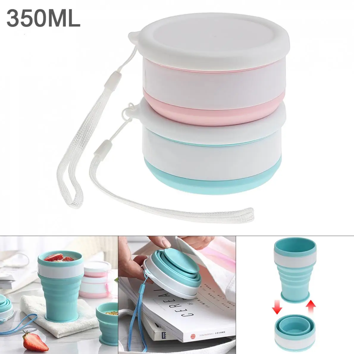 

350ML Portable 2 Colors Circular Scalable Silicone Folding Cup with Tether for - 50 Centigrade ~ 200 Centigrade