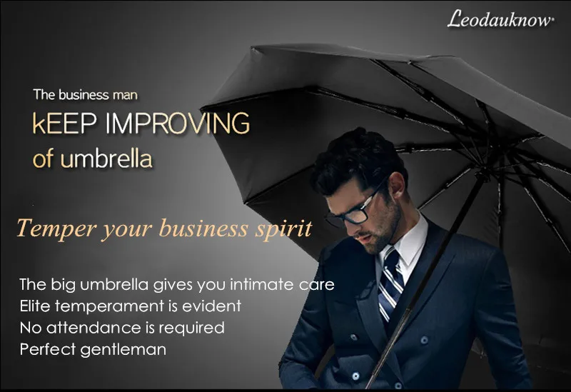 Leodauknow Business fully automatic three folding windproof solid wood handle with metal men's sunny and rainy umbrella