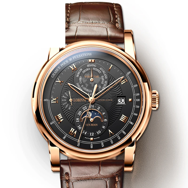 06 Швейцария LOBINNI мужские часы Moon Phase автоматические механические мужские наручные часы сапфир мировое время relogio masculin L16003-4 - Цвет: 06