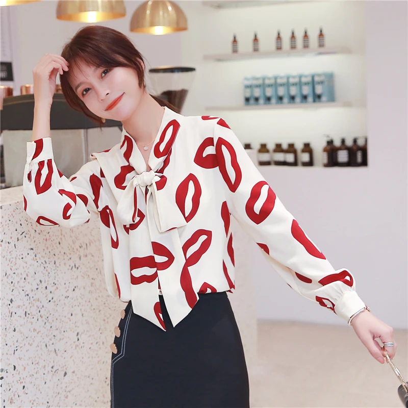  2019 New Autumn Women Shirts Bow Full Sleeve Printlt Chiffon Elegant Smell Lip Blouse Shirt Red Apr