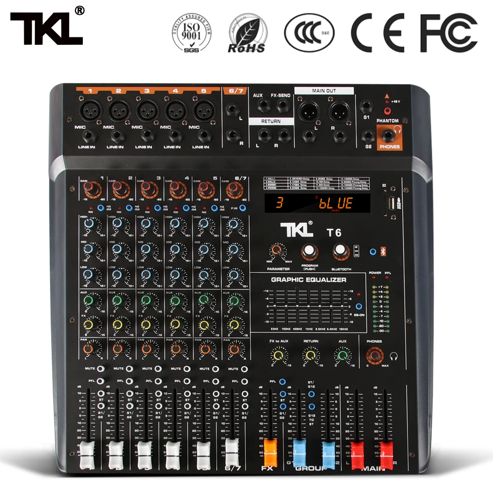 

TKL Professional DJ Mixer 6 Channels bluetooth Sound Mixing Console Karaoke MP3 USB Jack Live 48V Phantom Power Audio Mixer