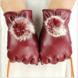 Leather Gloves Women's Winter Plus Cashmere To Keep Warm Touch Screen Cute Cold Protection PU Solid Color Motorcycle Gloves