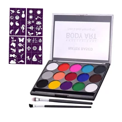 Kit de peinture faciale professionnelle, Art corporel, amovible à base d'eau, Palette de 15 couleurs avec 2 pinceaux et 4 modèles 