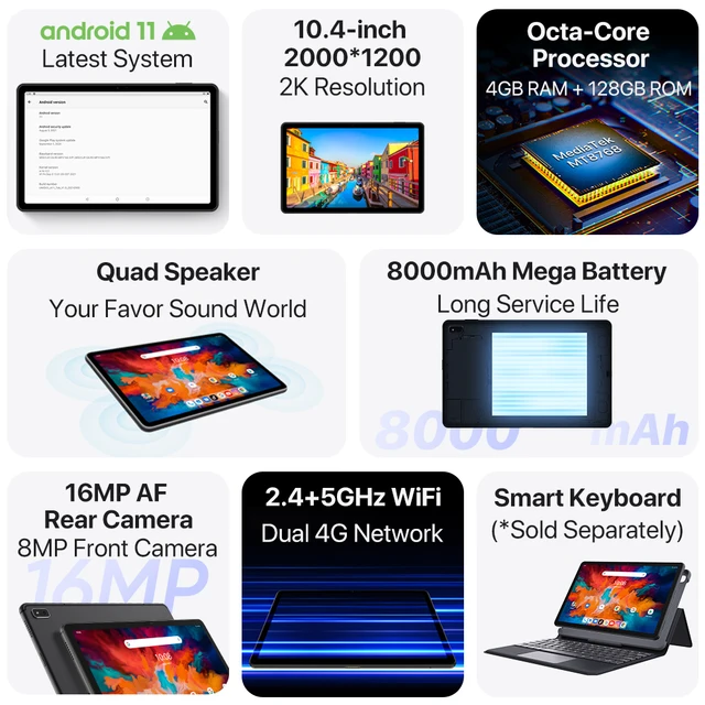 UMIDIGI A11 Tab  Android 11 Smartphone 10.4" 2K Display Helio P22 Octa Core 4GB 128GB 8000mAh Mega Battery Cellphone 2