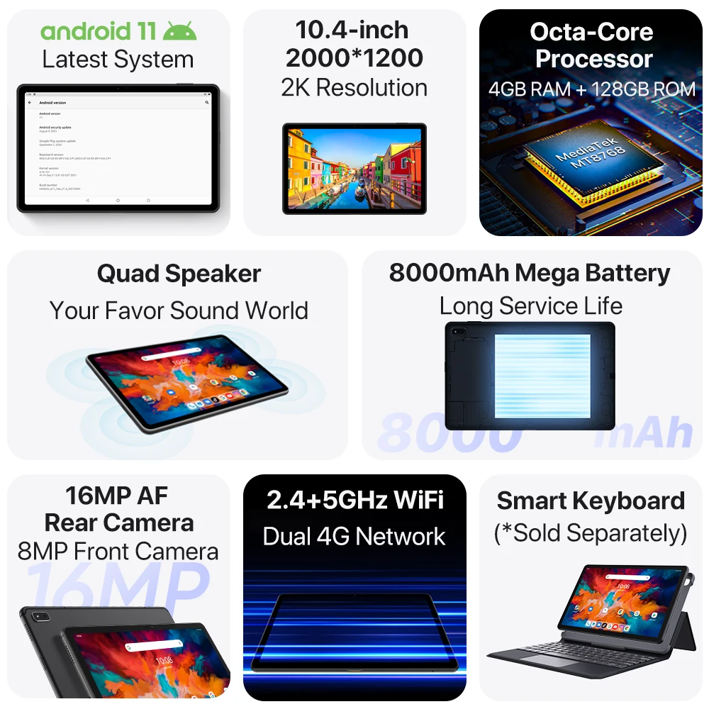 UMIDIGI-tableta PC A11 con Android 11, pantalla 2K de 10,4 pulgadas, Helio P22, ocho núcleos, 4GB, 128GB, 8000mAh, Mega batería - Imagen 2