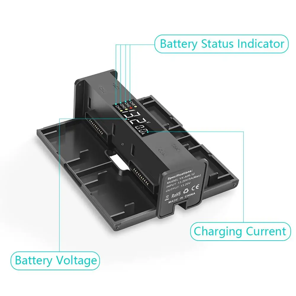 Yx 4 in 1 Portable Mavic Air 2 2S Battery Charger For DJI Mavic Air 2 2S Converter Battery Charging Hub Smart Charger LED Screen