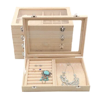 

Large Linen Jewelry Box with Lid Home Earrings Ear Studs Ring Jewelry Storage Desktop Grid Jewelry Dust Storage Display