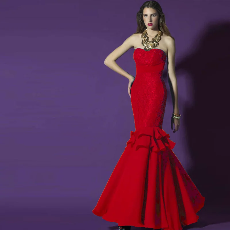 Vestido de renda longo Русалка Вечерние платья новые модные сексуальные кружевные женские элегантные длинные платья для матери невесты - Цвет: Красный