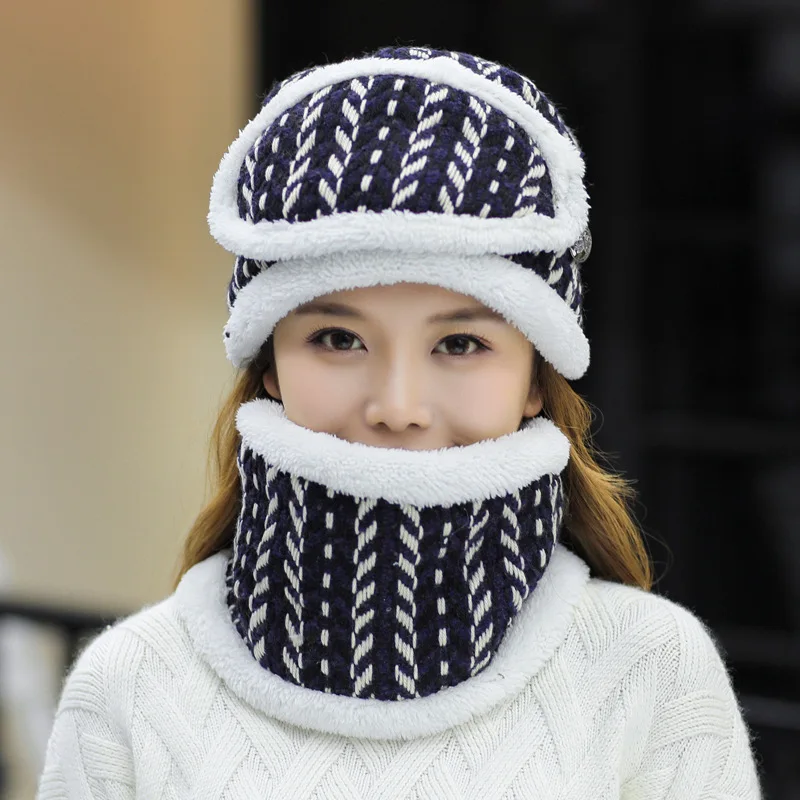Комплект из 3 предметов, женская зимняя шапка, шарф, перчатки, Хлопковые вязаные женские зимние шапки, перчатки с воротником, шапка и шарф для девочек - Цвет: print navy