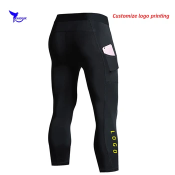 

2020 Men Quick Dry Capris Running Pants with Pocket 3/4 Gym Fitness Leggings Compression Tights Stretch Cropped Trousers Custom