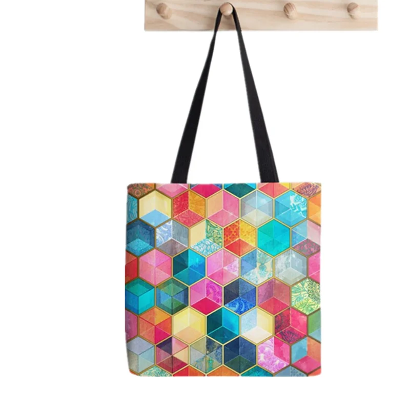 Shopper Honeycomb colorful hexagon Printed Tote Bag women Harajuku shopper handbag girl Shoulder shopping bag Lady Canvas Bag