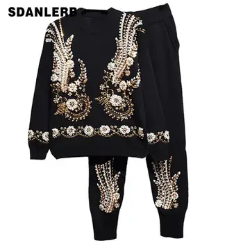 

Sequin Bedding Sets Women Pullovers Trousers Spring Long Sleeve Knit Sweater Tops Knitted Harem Pants 2 Pieces Sets Tracksuits