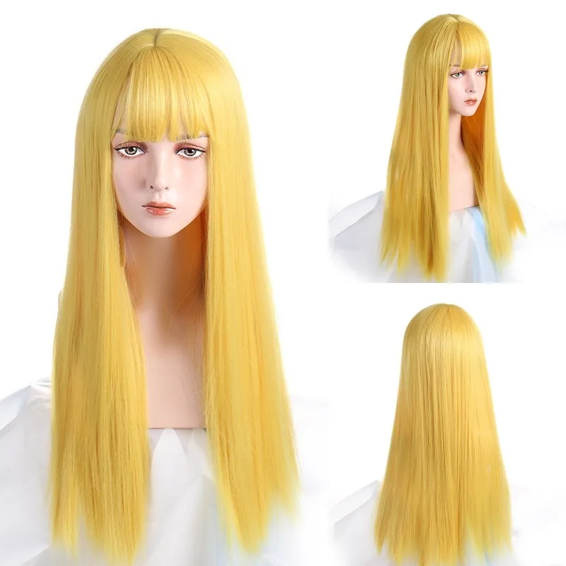 VICWIG Long Cosplay Wig With Bangs Light Blue Yellow Purple Synthetic Straight Hair Heat-resistant Rose Net Wigs For Women