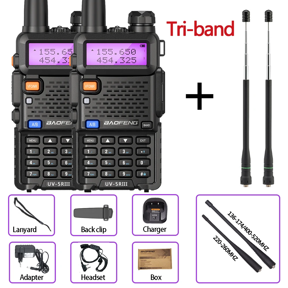 2pcs Baofeng UV-5R III Tri-Band Walkie Talkie 136-174/220-260/400-520MHz Amateur Ham Handheld Portable Radio Comunicador UV-5RX3 