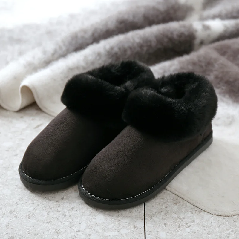 Женские зимние тапочки; домашняя обувь для влюбленных пар; модная теплая обувь розового цвета с искусственным мехом; Нескользящие тапочки на плоской подошве - Цвет: black