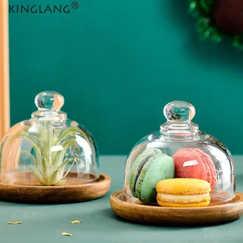 

KINGLANG Mini Dessert Dish with Japanese Dessert Display Plate With Lid Cupcake Hotel Solid Wood Glass Cover Tray