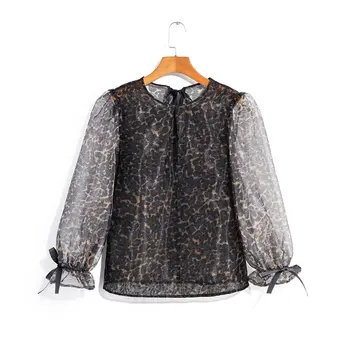 

women vintage leopard print transparent organza casual smock Shirt blouse women puff sleeve back lace up bow chemise tops LS6212