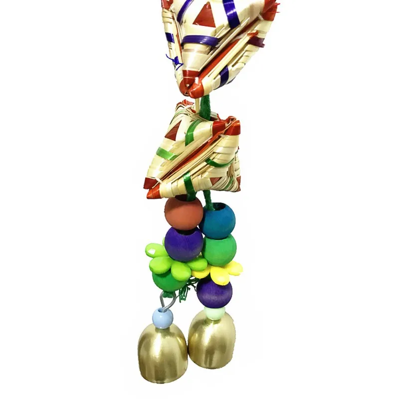 Pet Hanging Toy Bird Colorful Grass Woven Chew Toy With Bell Parrot Training Hanging Toy Decoration