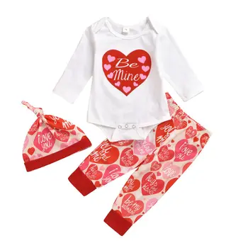

0-24M Baby Girls Valentine's Day Clothing Newborn Baby Girl Clothes Love Heart Ruffle Romper Top Pants Hat Baby Girls Outfit Set