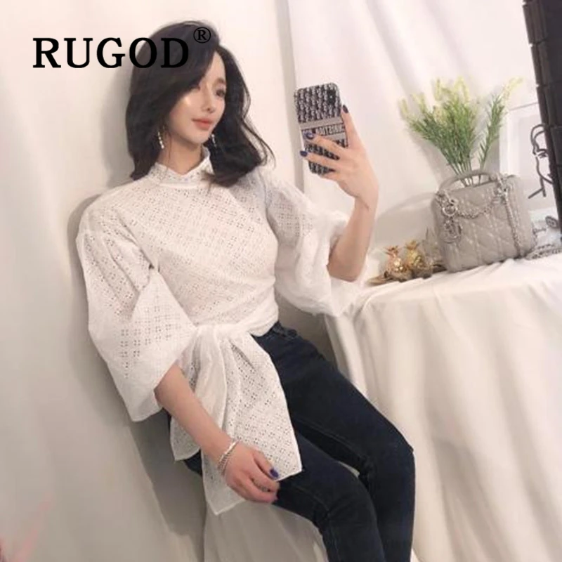RUGOD элегантные белые открытые женские блузки корейские нерегулярные кружевные офисные женские рубашки корейские новые летние топы женские