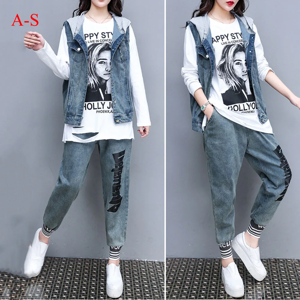 

2019 New Fashion Suit Autumn Denim Set 3 Pieces Tracksuit For Women Loose Casual Hooded Denim Jacket +T Shirt +Wide Jean Pant