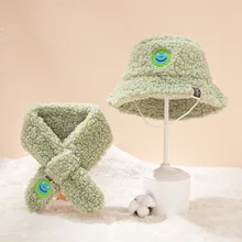 Children's Cute Fisherman Hat Scarf Set Polar Fleece Winter Warm Set Baby Solid Color Lamb Wool Hat Scarf Embroidery Set 7 Style