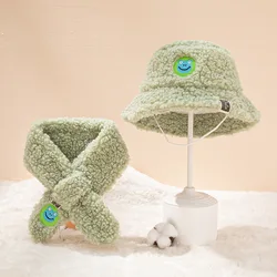 Children's Cute Fisherman Hat Scarf Set Polar Fleece Winter Warm Set Baby Solid Color Lamb Wool Hat Scarf Embroidery Set 7 Style