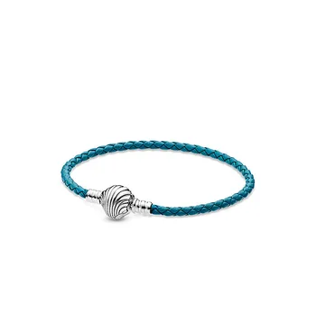 

S925 Sterling Silver Original Pan Ocean series Moments Seashell Clasp Turquoise Braided Leather Bracelet Women Jewelry Gift