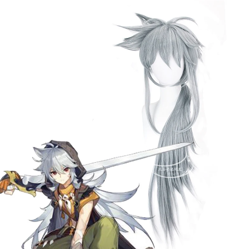 

Takerlama Genshin Impact Lei Ze Cosplay Wig Long Grey Hair Synthetic Hairwear Halloween Carnival Party Props